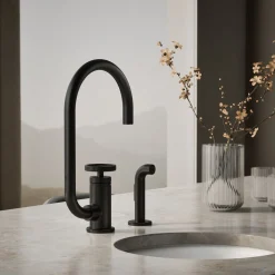 Single-handle bar sink faucet with two-function extended-reach spout and side sprayer