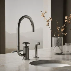 Single-handle bar sink faucet with two-function extended-reach spout and side sprayer