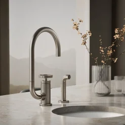 Single-handle bar sink faucet with two-function extended-reach spout and side sprayer