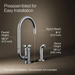 Single-handle bar sink faucet with two-function extended-reach spout and side sprayer