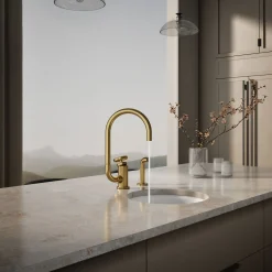 Single-handle bar sink faucet with two-function extended-reach spout and side sprayer