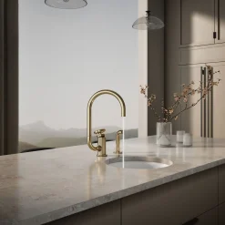 Single-handle bar sink faucet with two-function extended-reach spout and side sprayer