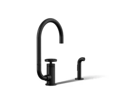Single-handle bar sink faucet with two-function extended-reach spout and side sprayer