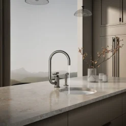 Single-handle bar sink faucet with two-function extended-reach spout and side sprayer