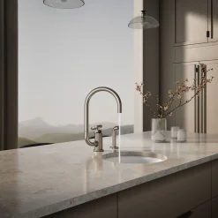 Single-handle bar sink faucet with two-function extended-reach spout and side sprayer