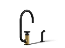Single-handle bar sink faucet with two-function extended-reach spout and side sprayer