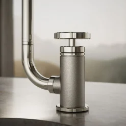 Single-handle bar sink faucet with two-function extended-reach spout and side sprayer