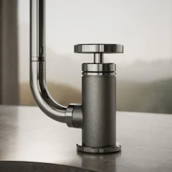 Single-handle bar sink faucet with two-function extended-reach spout and side sprayer