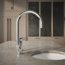 Single-handle bar sink faucet with two-function extended-reach spout and side sprayer