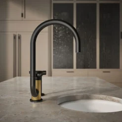 Single-handle bar sink faucet with two-function extended-reach spout and side sprayer