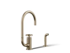 Single-handle bar sink faucet with two-function extended-reach spout and side sprayer