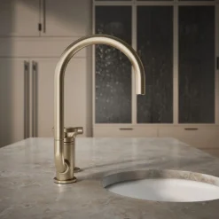 Single-handle bar sink faucet with two-function extended-reach spout and side sprayer