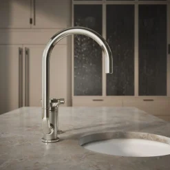 Single-handle bar sink faucet with two-function extended-reach spout and side sprayer