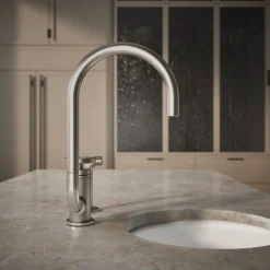 Single-handle bar sink faucet with two-function extended-reach spout and side sprayer