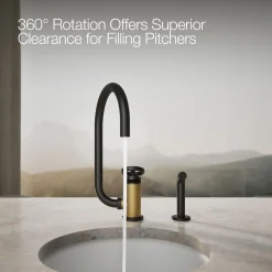 Single-handle bar sink faucet with two-function extended-reach spout and side sprayer