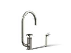 Single-handle bar sink faucet with two-function extended-reach spout and side sprayer
