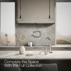 Single-handle bar sink faucet with two-function extended-reach spout and side sprayer