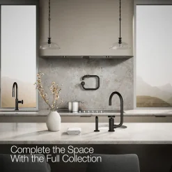 Single-handle bar sink faucet with two-function extended-reach spout and side sprayer