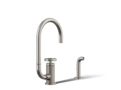 Single-handle bar sink faucet with two-function extended-reach spout and side sprayer