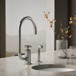 Single-handle bar sink faucet with two-function extended-reach spout and side sprayer