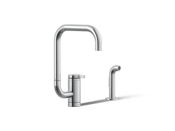 Single-handle kitchen sink faucet with two-function extended-reach spout and side sprayer
