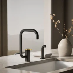 Single-handle kitchen sink faucet with two-function extended-reach spout and side sprayer