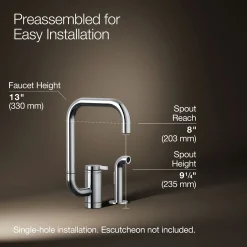 Single-handle kitchen sink faucet with two-function extended-reach spout and side sprayer