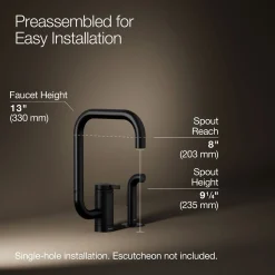 Single-handle kitchen sink faucet with two-function extended-reach spout and side sprayer