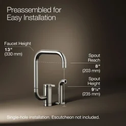 Single-handle kitchen sink faucet with two-function extended-reach spout and side sprayer