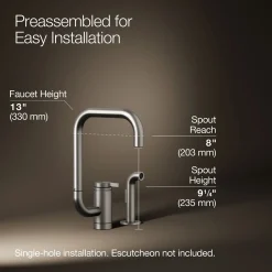 Single-handle kitchen sink faucet with two-function extended-reach spout and side sprayer