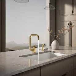 Single-handle kitchen sink faucet with two-function extended-reach spout and side sprayer