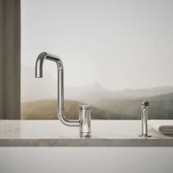 Single-handle kitchen sink faucet with two-function extended-reach spout and side sprayer