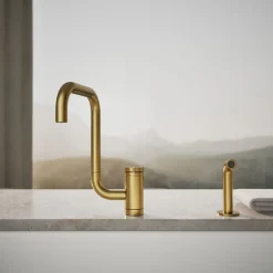 Single-handle kitchen sink faucet with two-function extended-reach spout and side sprayer