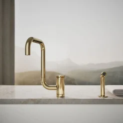 Single-handle kitchen sink faucet with two-function extended-reach spout and side sprayer
