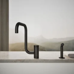 Single-handle kitchen sink faucet with two-function extended-reach spout and side sprayer