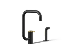 Single-handle kitchen sink faucet with two-function extended-reach spout and side sprayer