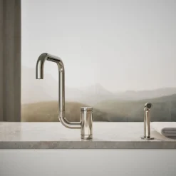 Single-handle kitchen sink faucet with two-function extended-reach spout and side sprayer