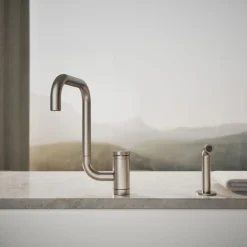 Single-handle kitchen sink faucet with two-function extended-reach spout and side sprayer