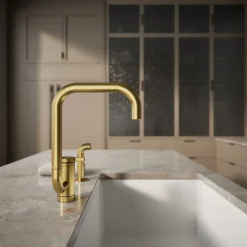 Single-handle kitchen sink faucet with two-function extended-reach spout and side sprayer