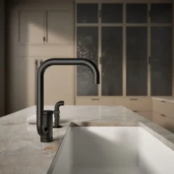 Single-handle kitchen sink faucet with two-function extended-reach spout and side sprayer