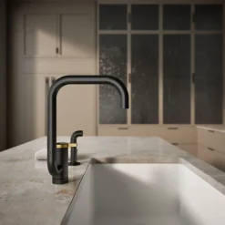 Single-handle kitchen sink faucet with two-function extended-reach spout and side sprayer