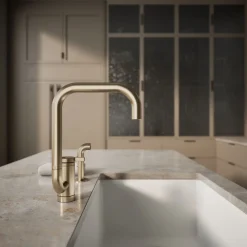 Single-handle kitchen sink faucet with two-function extended-reach spout and side sprayer