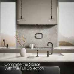 Single-handle kitchen sink faucet with two-function extended-reach spout and side sprayer