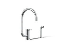 Single-handle kitchen sink faucet with two-function extended-reach spout and side sprayer