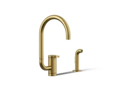 Single-handle kitchen sink faucet with two-function extended-reach spout and side sprayer