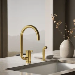 Single-handle kitchen sink faucet with two-function extended-reach spout and side sprayer