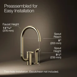 Single-handle kitchen sink faucet with two-function extended-reach spout and side sprayer