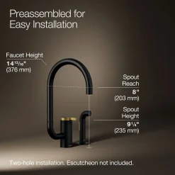 Single-handle kitchen sink faucet with two-function extended-reach spout and side sprayer