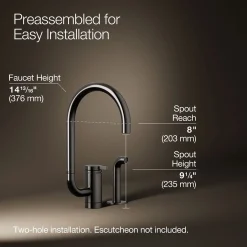 Single-handle kitchen sink faucet with two-function extended-reach spout and side sprayer