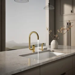 Single-handle kitchen sink faucet with two-function extended-reach spout and side sprayer